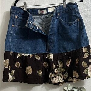 Levi's Denim and Floral Mini Skirt urban renewal Upcycled/Button fly